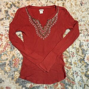 Lucky Brand Beaded Long Sleeve Notch Neck Top
